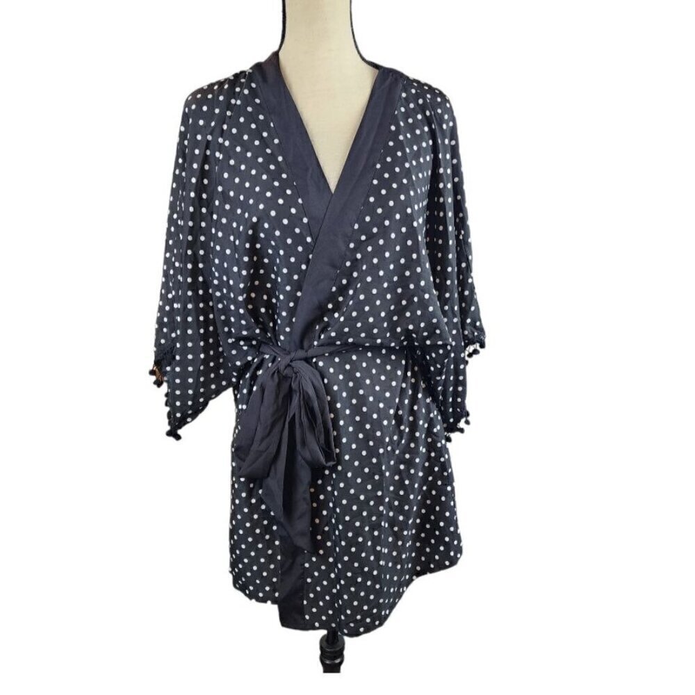 NY&C Black polka dot robe kimono sz S/M New silky loungewear New York & Company